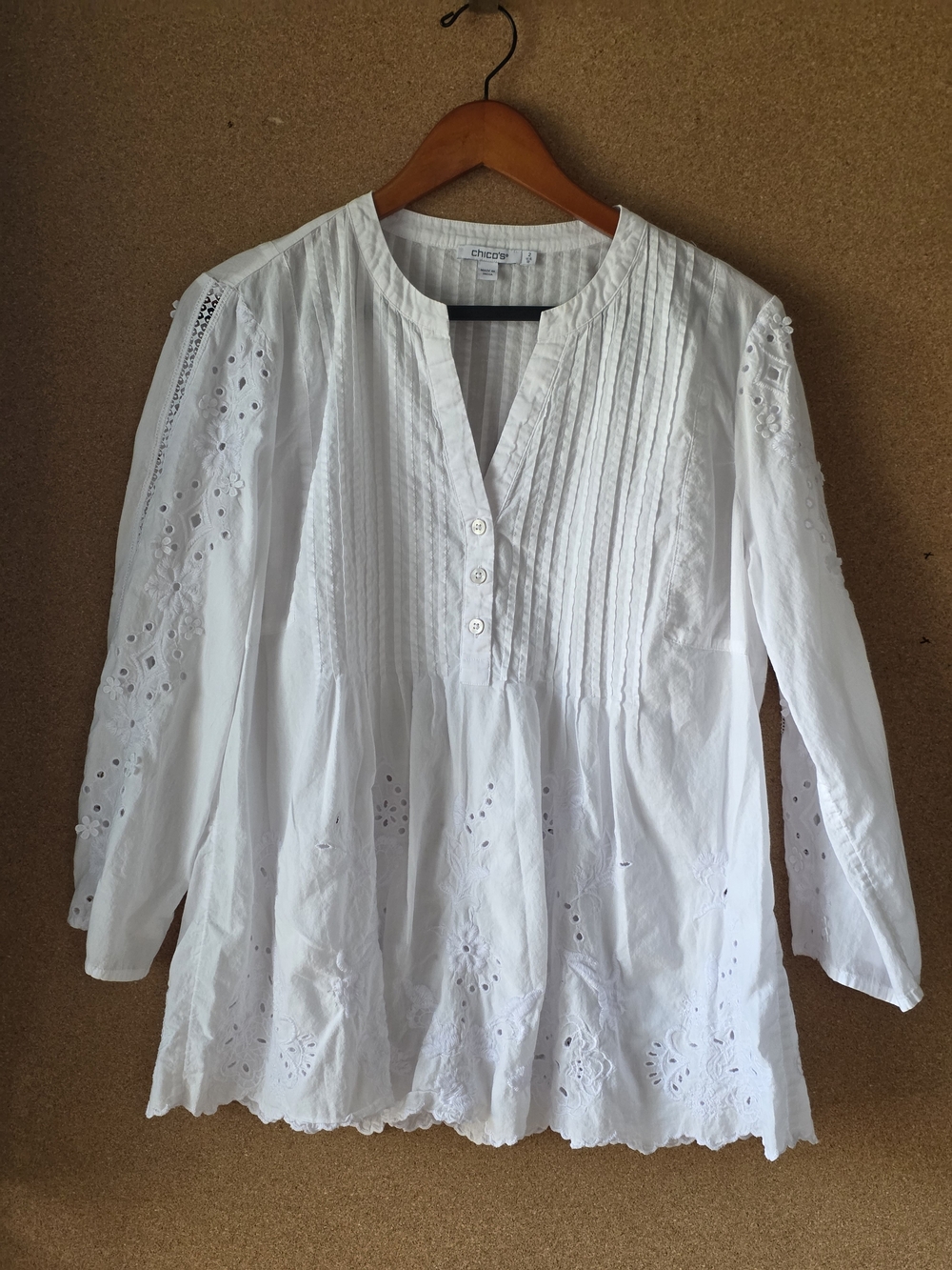 Chico's White Cotton Eyelet Embroidered Pintuck Boho Peasant Tunic Blouse 2 Lg